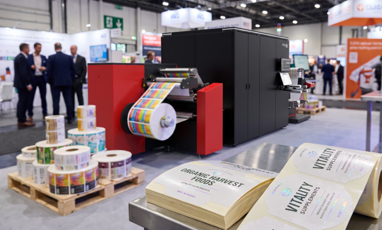 Impressora digital de rótulos Ecolyne, da Flint Group Digital Xeikon, em operação em estande de feira do setor, imprimindo rótulos coloridos para embalagens de alimentos e suplementos nutricionais, com rolos de rótulos acabados em primeiro plano.